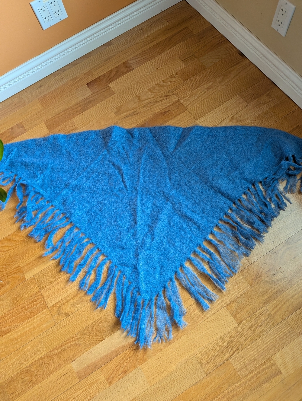 Vintage Shawl Cozy Blue Fringed 70% Mohair, 30% Wool